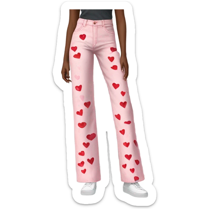 Realistic long Wide leg high waisted pink jeans with small red hearts print, isolated sticker
