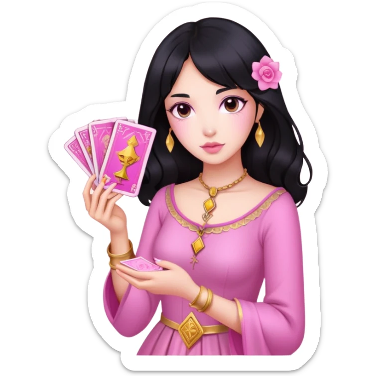 black hair girl with pink pink tarot gold cards sticker