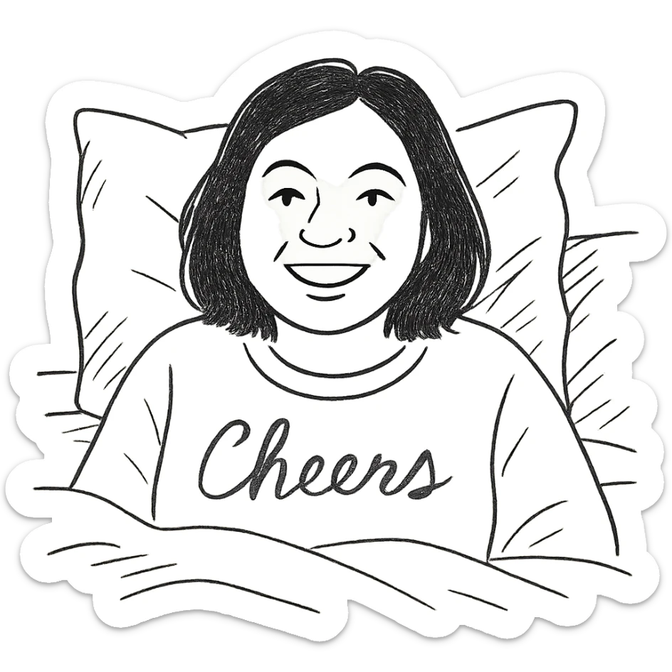 A woman with shoulder-length black hair, light to medium skin tone, full cheeks, and almond-shaped eyes, wearing a white sweater with the word 'cheers' in gold script, lying comfortably on a bed with soft lighting, joyful and radiant expression sticker