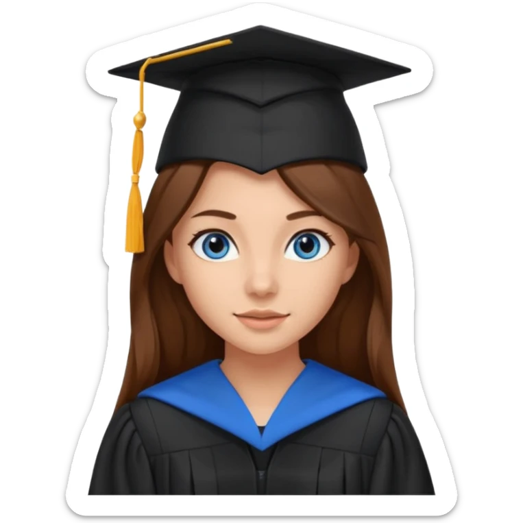 school graduation with a pretty female graduating student with long brown hair, blue eyes sticker