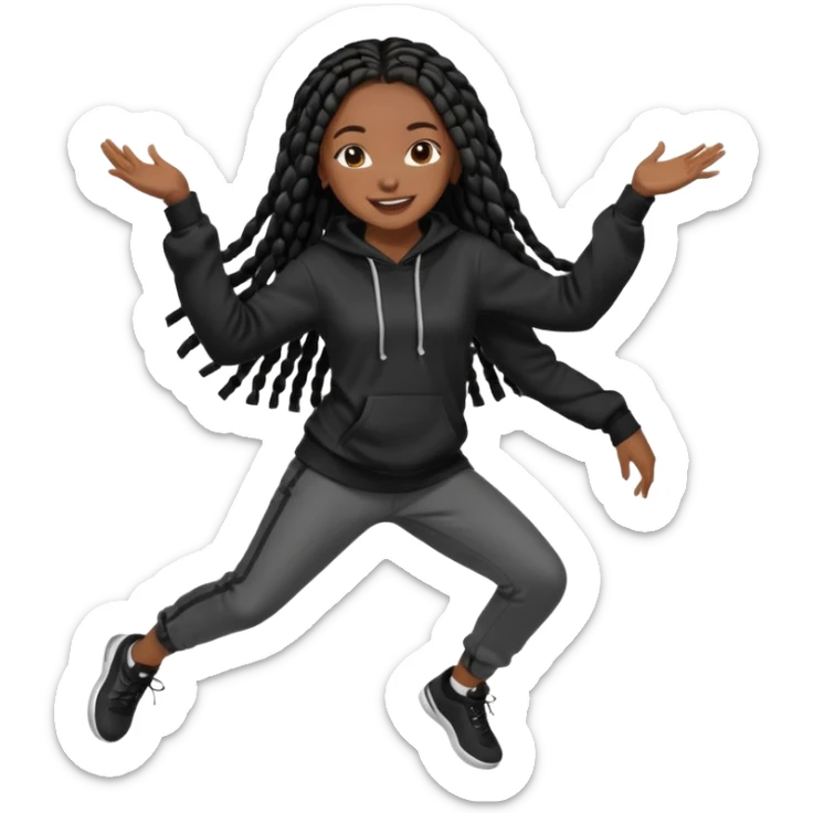 African American girl dark skin complextion long black box braids wearing plain black hoodie dancing sticker