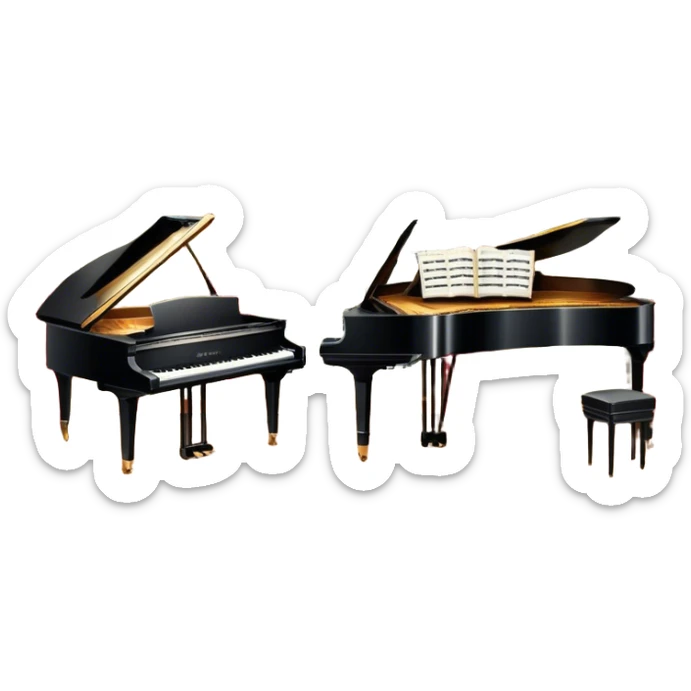 Icon for Musical Theater: a vintage stage with Broadway-style curtains, a piano, musical notes, a spotlight, and a jazz band setup. The icon should reflect the vibrant and glamorous atmosphere of 1950s American musical theater, with emphasis on performance and showmanship. Transparent background. sticker