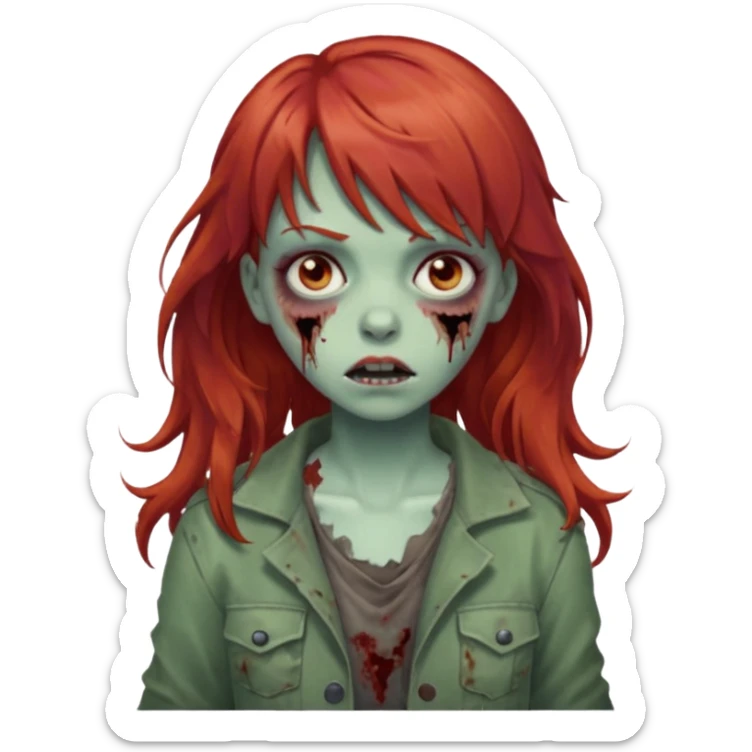Uma zumbi garota com cabelo vermelho ondulado, medio e franja reta sticker