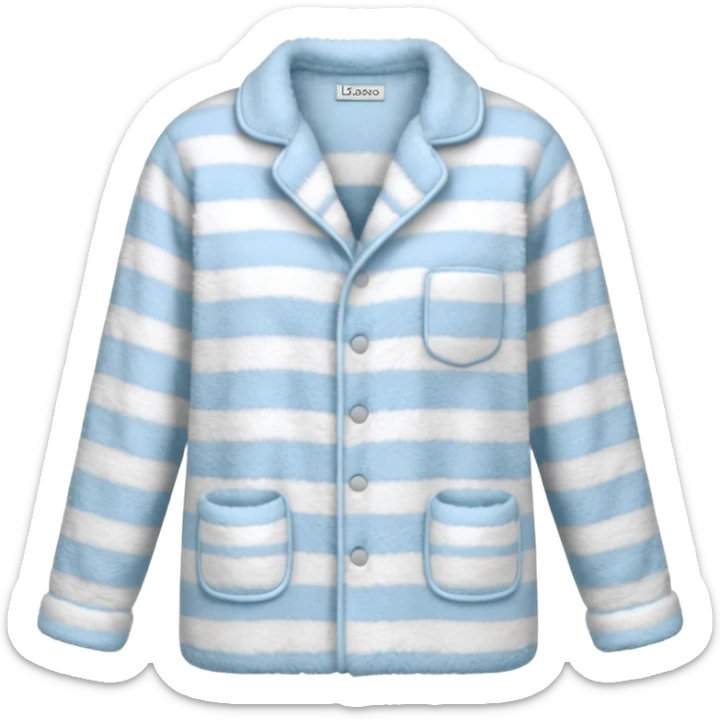 emoji of an isolated fluffy fleece pajama top with soft pastel 'vertical' stripes, plush fuzzy texture, light grey and pastel blue tones, button-down long sleeves, neatly folded flat-lay, no person, no body, no mannequin, cozy warm winter mood, soft shading sticker