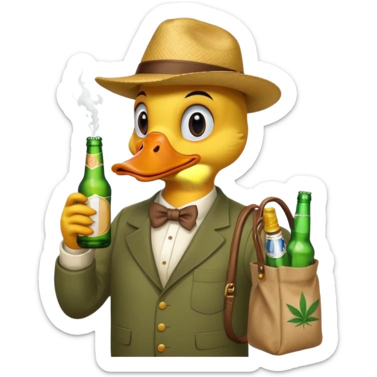 Drunk and high duck animal holding beed bottle and a bag of weed sticker
