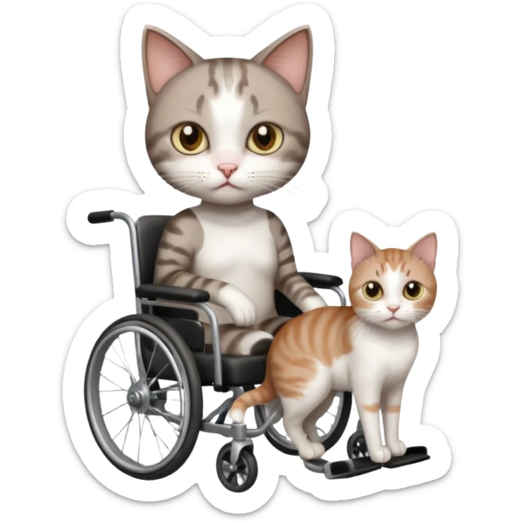 full body small short hair dark brown and white cat with hazel eyes walking in a wheelchair for cats sticker