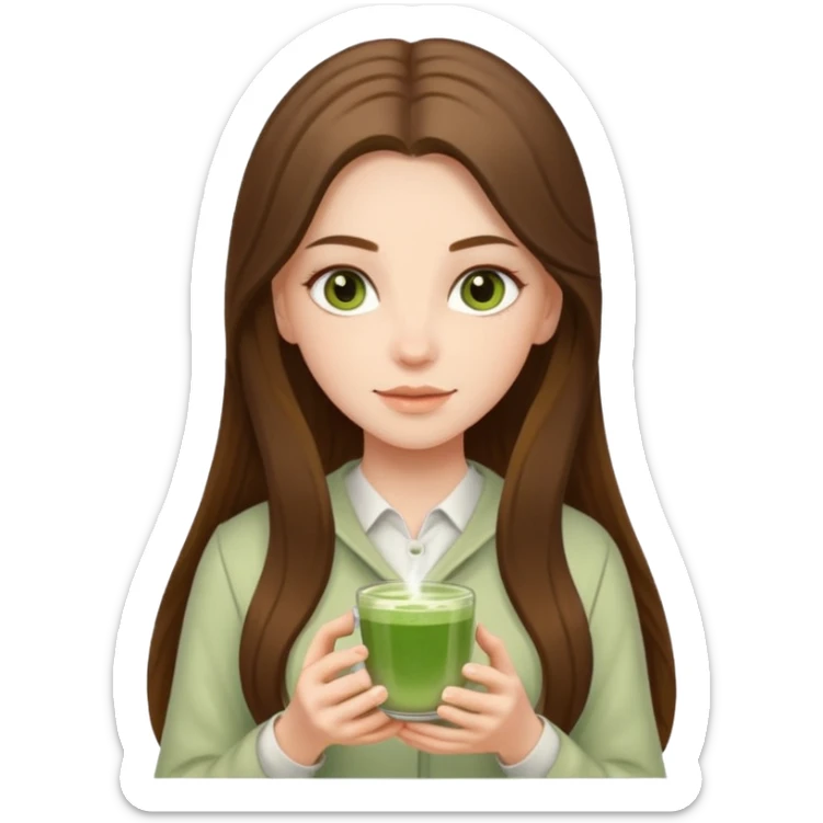 white long brunette hair girl with hazel eyes wearing light who is holding matcha sticker