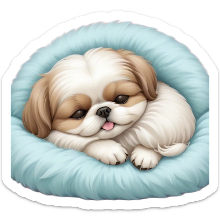 Meme-Worthy Cute Sleeping Shih Tzu Portrait Emoji, Head resting peacefully with a tender, contented smile and eyes delicately closed in serene slumber, showcasing a luxuriously fluffy fur in soft pastel tones, simplified yet irresistibly adorable, highly detailed, glowing with a warm, drowsy radiance, high shine, exuding calm, cozy charm, styled with a gentle, soft glowing outline, capturing the essence of a sleeping Shih Tzu that radiates utterly adorable, sleepy bliss! sticker