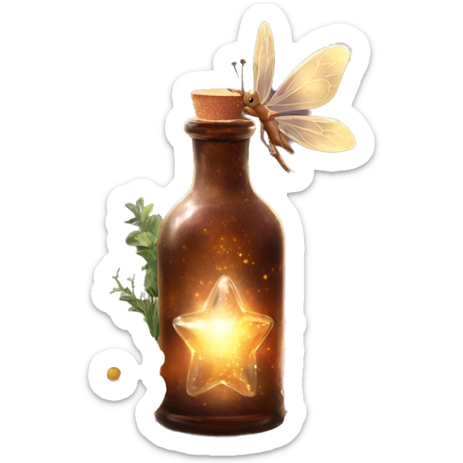 Brown magic fairy light sparkling old Antique bottle with poison and with herbal and flowers sticker