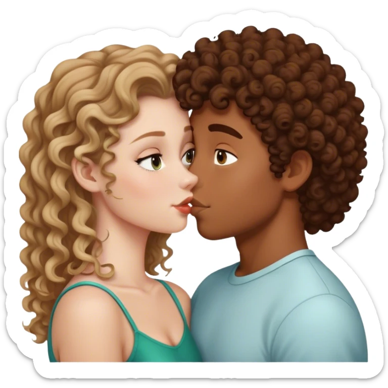 White girl kissing a brown boy with curly hair  sticker