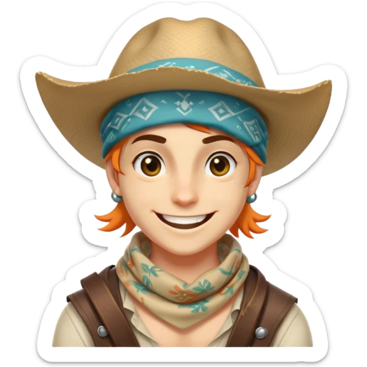 Clash of Clans aesthetic Playful Pirate Portrait Emoji, Head tilted with a roguish, cheeky grin and twinkling eyes, featuring a compact, spirited build with a jaunty hat and a quirky bandana, his natural skin tone evident, Simplified yet irresistibly charming features, highly detailed, glowing with a warm, inviting oceanic glow, high shine, spirited and lively, stylized with an air of whimsical maritime mischief, soft glowing outline, capturing the essence of a playful pirate exuding friendly rogue charm! sticker