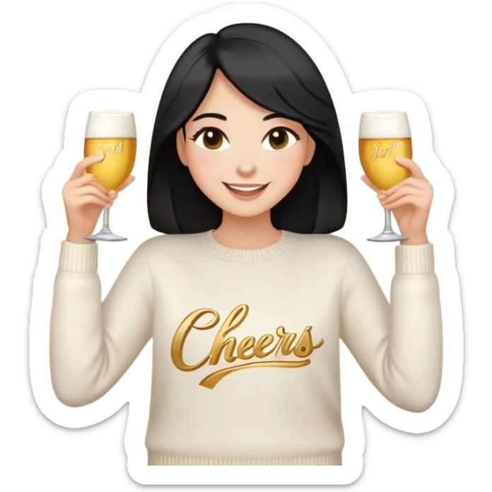 A woman with longer black hair, light to medium skin tone, full cheeks, and almond-shaped eyes, wearing a simple white sweater with the word 'cheers' in gold script, joyful and radiant expression, cheerful, emoji style, just her torso, no hands, no cups. sticker