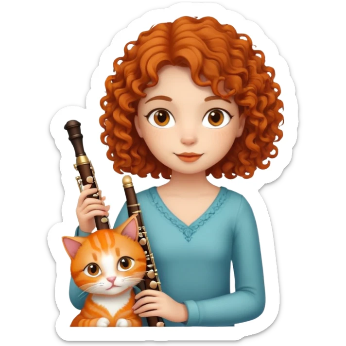 Girl  curly hair and flute with orange cat sticker
