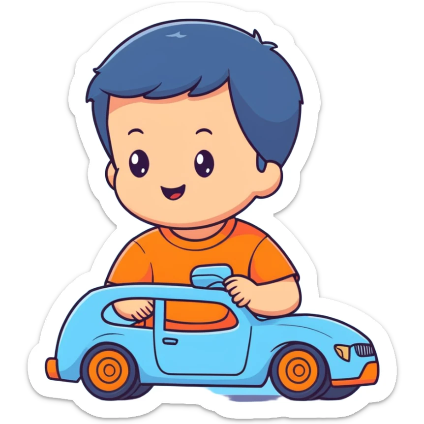cute toddler boy with pastel blue clothes playing with a blue toy car sticker