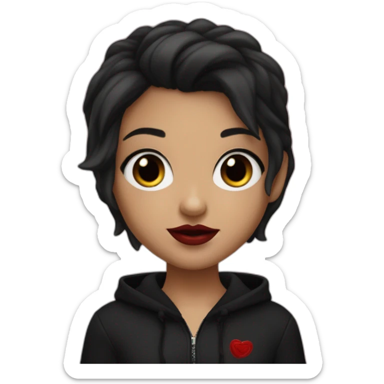 Tiny White girl lightly tanned with very short jet black coloured haircut (her hair are full black) black eyes and black hair wearing black messa hoodie like alyx Vance and red lipstick  sticker