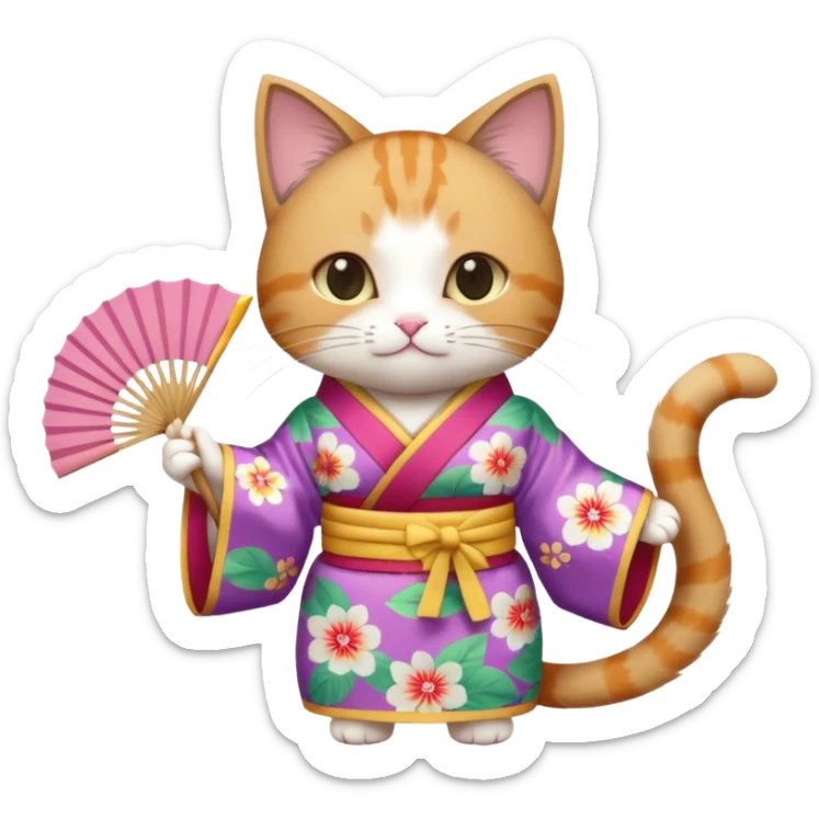 A cat in kimono-style outfit, opening a floral fan with gentle poise. sticker