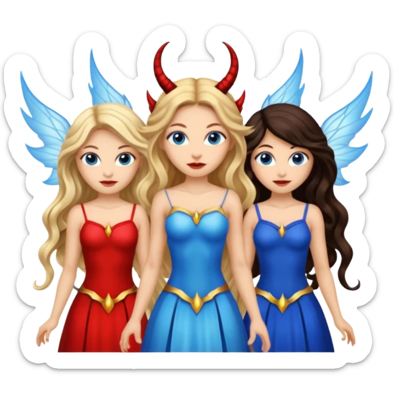 Three women as devil fairies with wings, brown eyed light skin with dark blonde long hair and Brown eyed light skin black long wavy hair and blue eyed light skin long blonde hair sticker