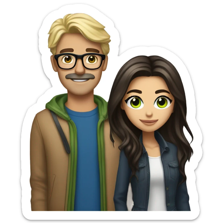 (brunette brown eyed madison beer) standing next to (handsome blonde man, mustache, blue/green eyes, brown glasses) sticker