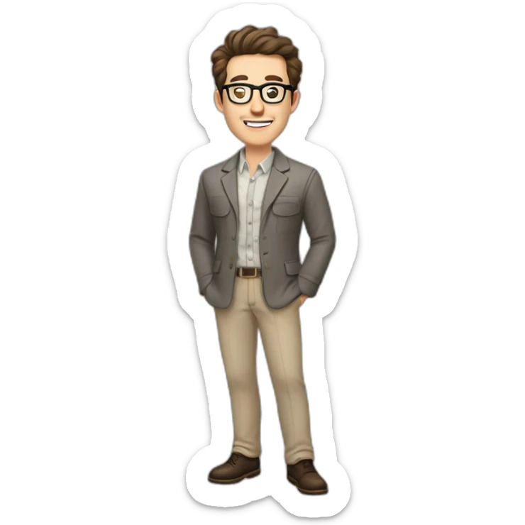 Joyful Full height Pale skinned Fit Man With dark brown hair in gray classic jacket, beige office shirt, Brown pants and vintage glasses. His thrumbs up sticker