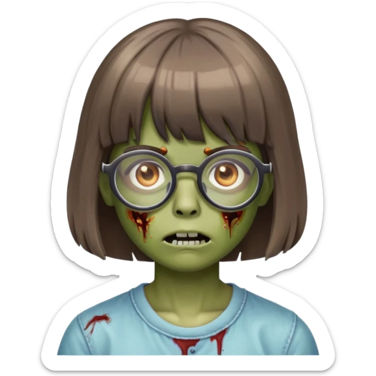 faça uma zombie de cabelo mediano com franjinha, oculos meio arredondado sticker