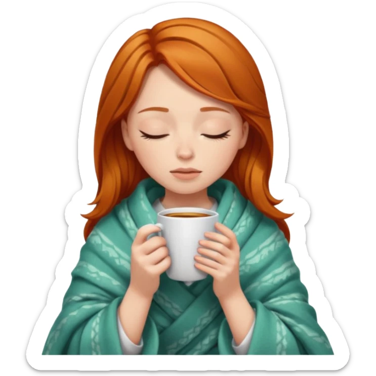 girl with ginger hair inside a blanket sipping coffee eyes closed sticker