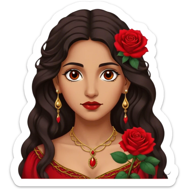 A Romani woman with long, wavy dark hair, wearing a single red rose behind one ear. She has deep eyes, golden jewelry, and a confident, mysterious expression sticker