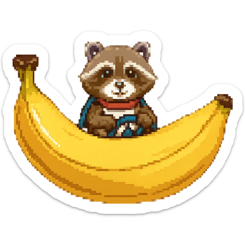 Change the car to a banana, keep the raccoon driving, in pixel art style. sticker