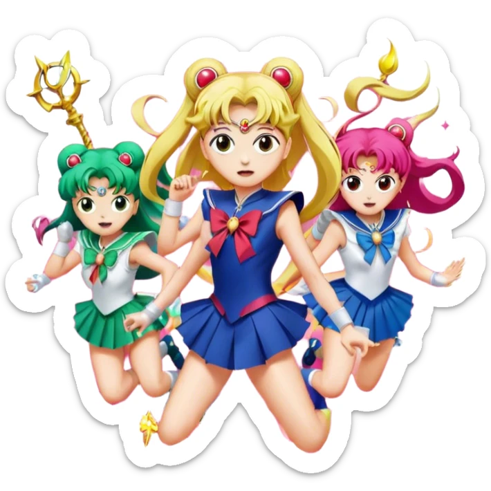 Icon for Anime: vibrant, dynamic scene with heros from Bishoujo Senshi Sailor Moon in action, featuring exaggerated expressions and colorful backgrounds. The design should reflect the distinct, energetic style of anime, with iconic eyes and unique visual elements. Transparent background. sticker