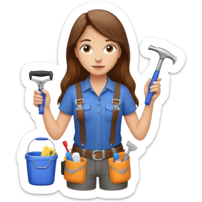 beautiful girl with long brown hair constructing new bathroom area with new shower and amenities  sticker