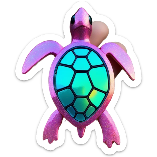 Sparkling cyan pink Turtle made from kaleidoscopic rainbow oilslick cyan glass, stained glass art sticker