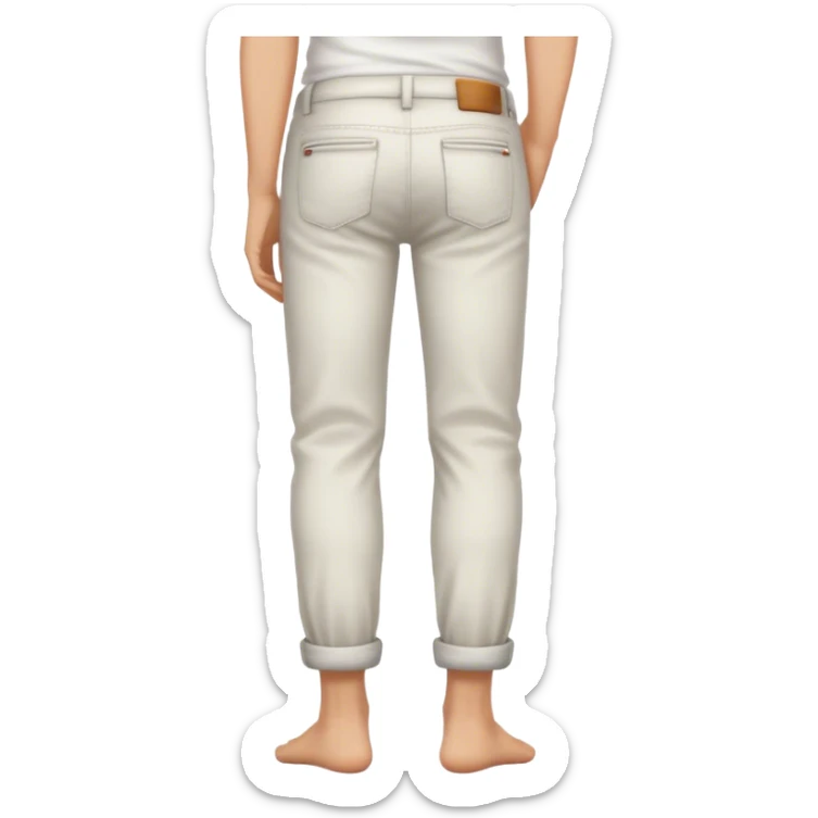 Barefoot in rolled up pants and white top right hand in back pocket from the back sticker