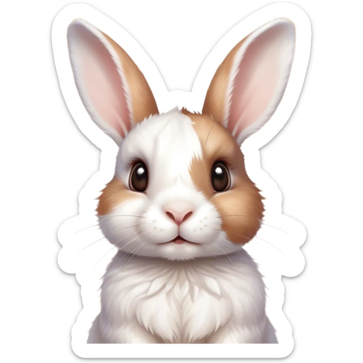 Cinematic Cute White and Brown Rabbit Portrait Emoji, Head tilted playfully and inquisitively, featuring a silky fur with a delicate mix of white and brown patches, round, sparkling eyes filled with curiosity, Simplified yet irresistibly adorable features, highly detailed, glowing with a warm, friendly glow, high shine, affectionate and lively, stylized with a touch of whimsy, bright and endearing, soft glowing outline, capturing the essence of a mischievous yet loving bunny, so playful it feels like it could hop out of the screen and into your arms! sticker