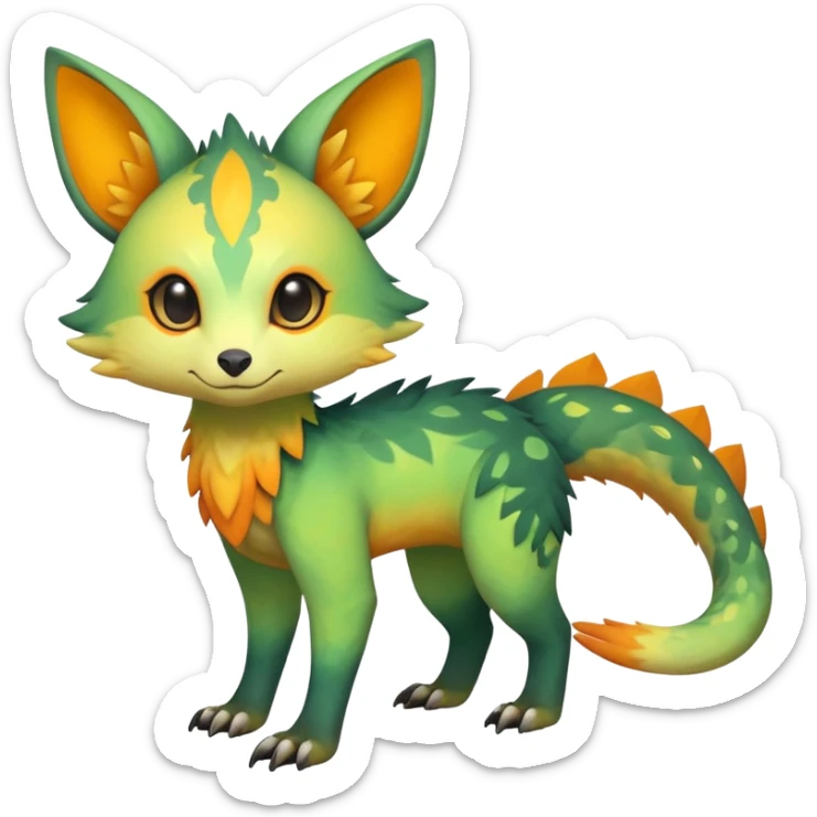 Rare realistic exotic warm-green warm-orange warm-yellows pastel gradients cute epic pretty beautiful handsome gorgeous aesthetic colorful vibrant Vernid-Trico-species-Fakemon-creature by LiLaiRa, 4 legs, 1 tail, random markings, (full body) sticker