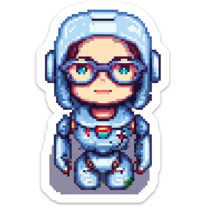 portrait of a cute female recruiter robot, 8-bit pixel art style, metallic, with glasses sticker