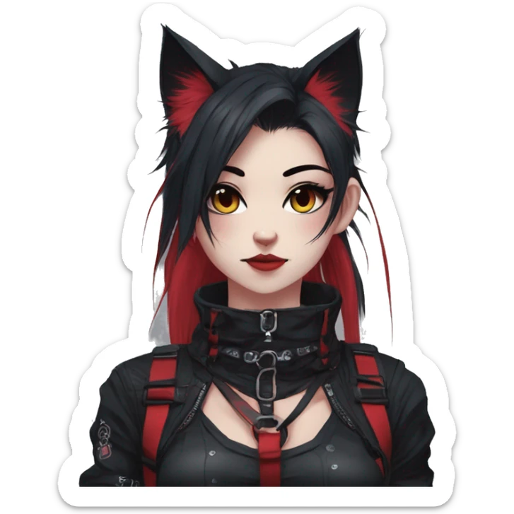 Gorgeous gothic dark techwear anime style anthro cat furry with blushing face aesthetic and pretty edgy black red punk messy ponytail hair with collar and harness trending style sticker