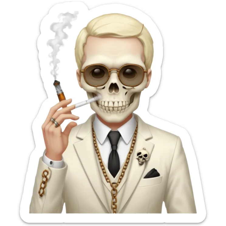 cinematic realistic - Megadeth icon - a gentleman in an ivory ethereal suit that smokes, has a skull instead of a head, wears rusty metal glasses with chains sticker
