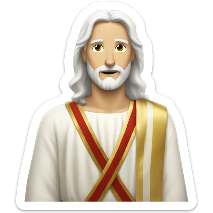Jesus with white hair and white beard and a golden sash across his chest sticker