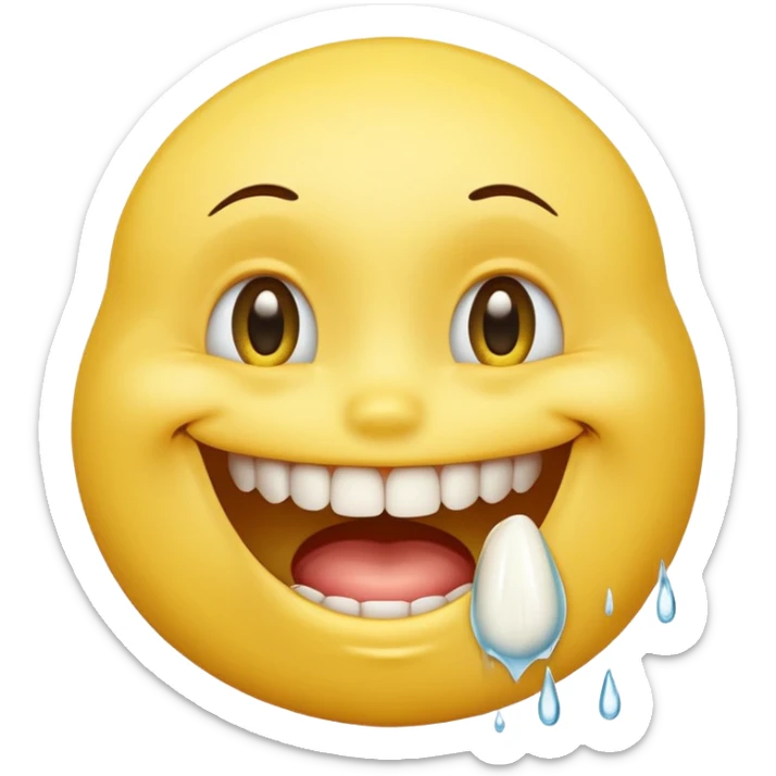 Yellow smiley face holding back tears with realistic watery eyes, and a big human tooth smile sticker