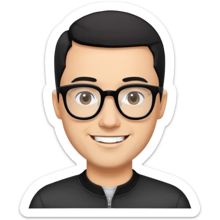 Light-skinned man with black hair in very short almost-buzz cut (minimal length but visible), short graying beard, big black glasses frames, happy smile, black long sleeve shirt with zip at neck sticker