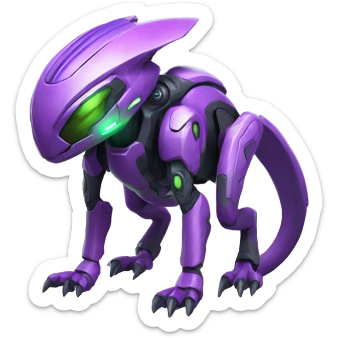 a purple-green Genesect-Raptor-Fakémon—hybrid with a futuristic visor-helmet full body sticker
