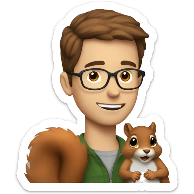 A man with brown hair, glasses and fair skin, feeds a squirrel sticker