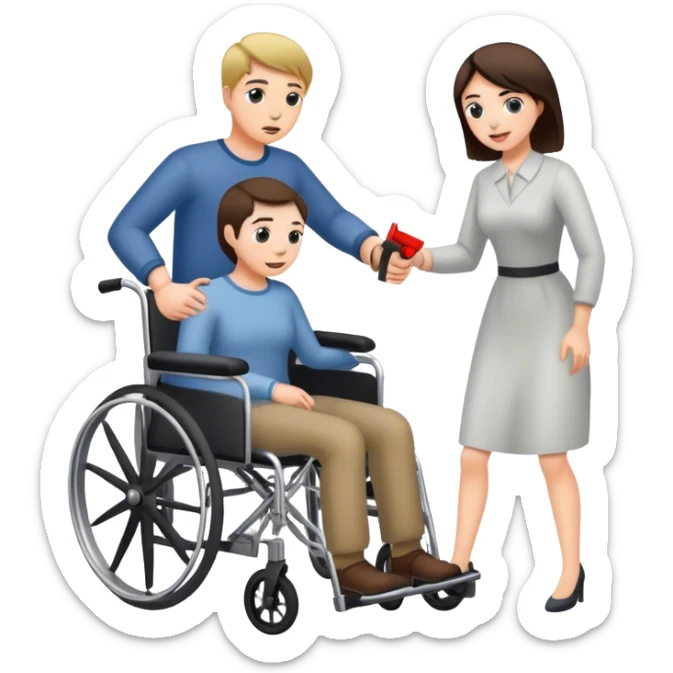 Mujer con cuchillo en la mano, empujando un hombre en silla de ruedas sticker
