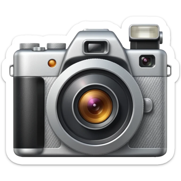 Minimal emoji icon of a modern metalic camera, front view, simple shapes, realistic lens,  sticker