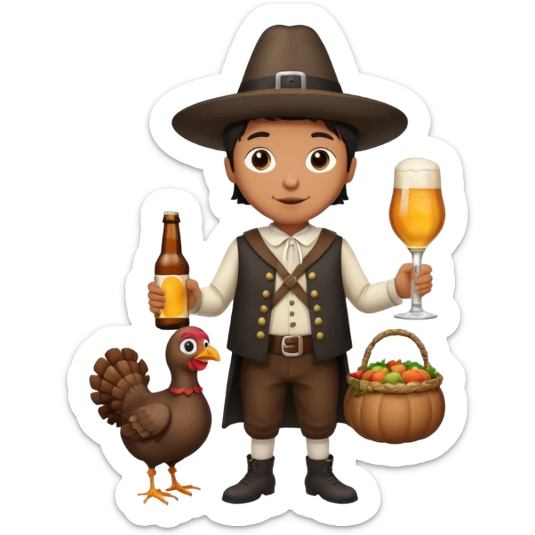Mexican mandressesd as  pilgram Thanksgiving holding a Turkey drumstick and a bottle beer sticker