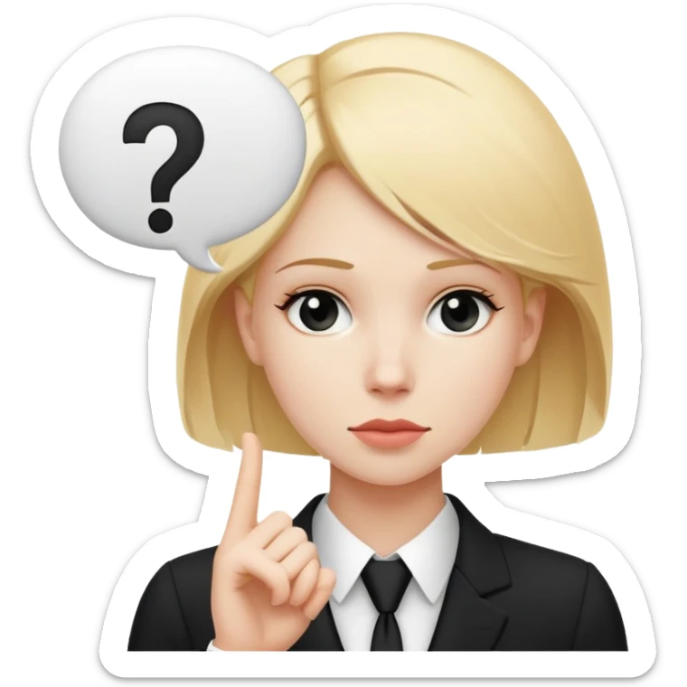 blonde haired white woman in a black formal suit with a white speech bubble containing a black question mark next to her head sticker