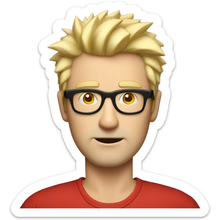 Nerdy middle aged white man with short blond spiky hair looking confused and wearing sunglasses and a red tee shirt holding an electronic tablet sticker
