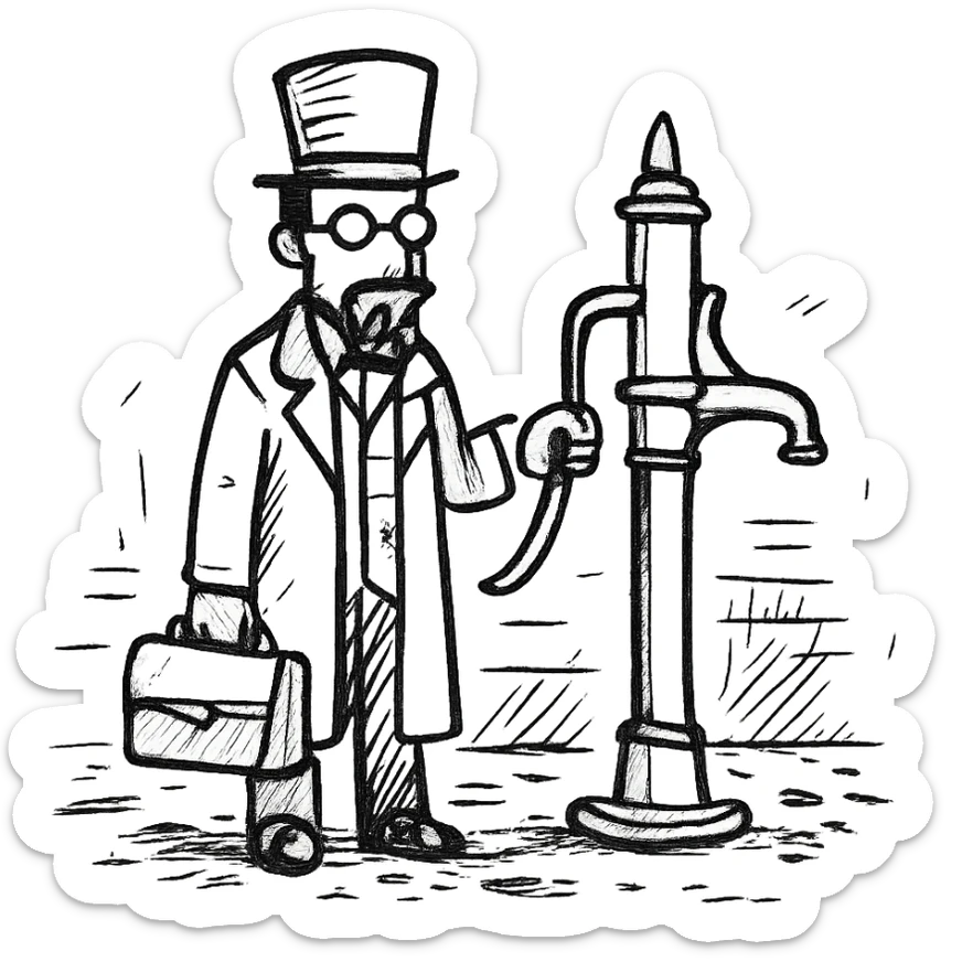 A victorian doctor with a street water pump in a dirty street sticker
