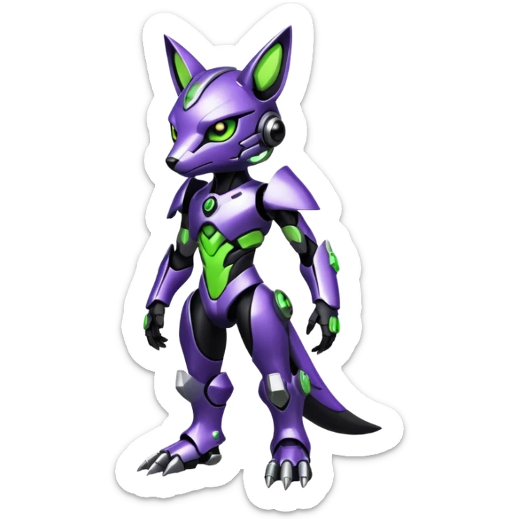 Futuristic modern cyborg badass cool shiny metallic alloy black-obsidian purple neon-green white lime animal hybrid Fakemon full body sticker