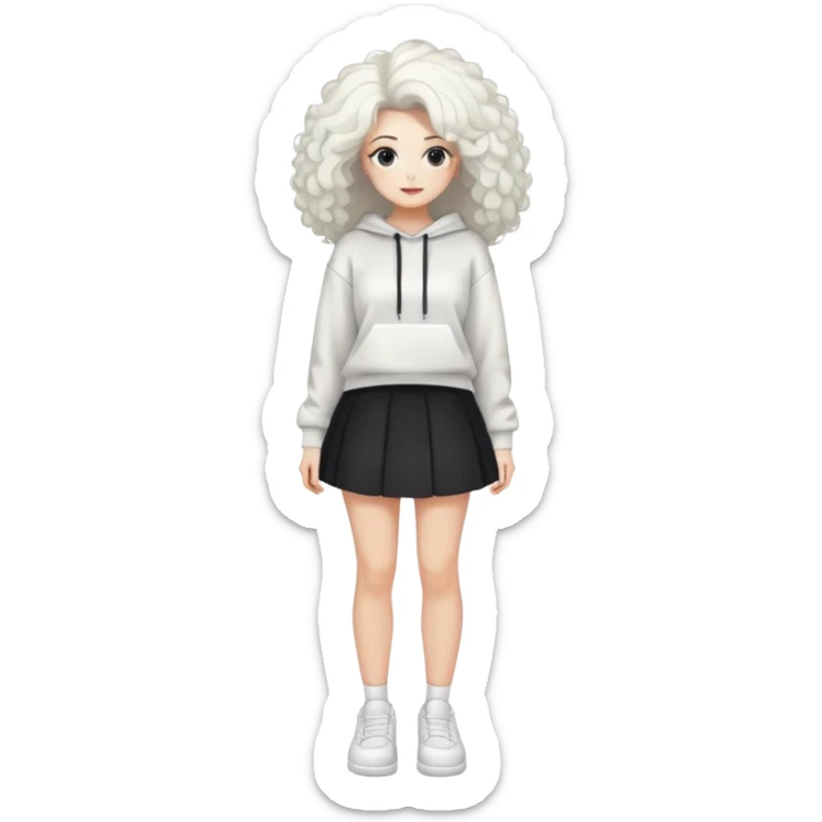 Female with slim hourglass figure, white big hair, wearing white sweatshirt, black skirt, and white shoes, full body pose sticker