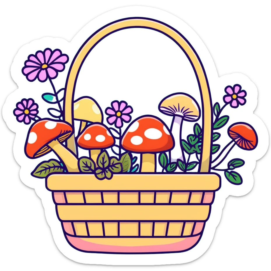 basket full of forest goodies with mushrooms, herbs, flowers in soft pastel colors sticker